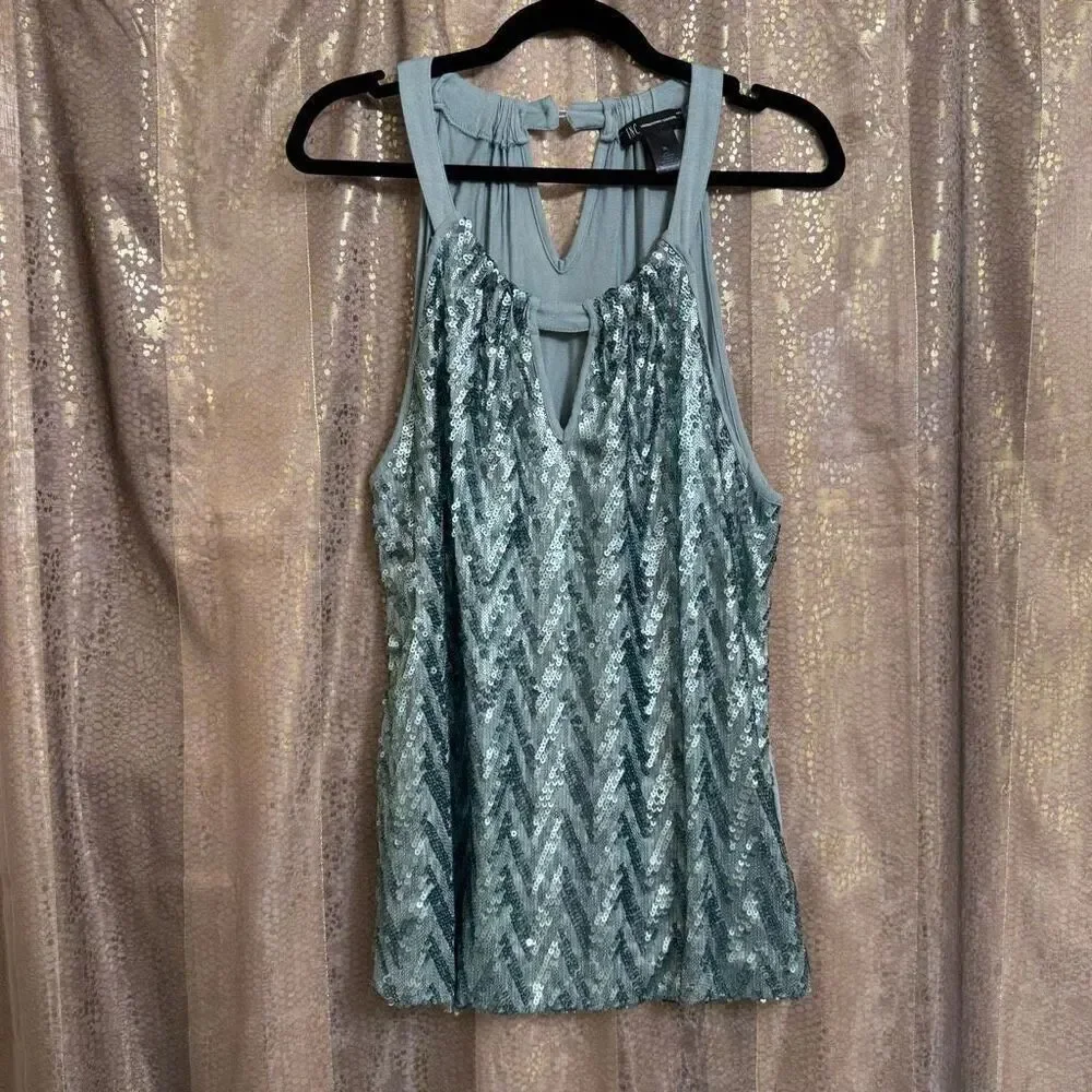INC International Concepts Sequin Sage Green High Neck Blouse Flawed XL